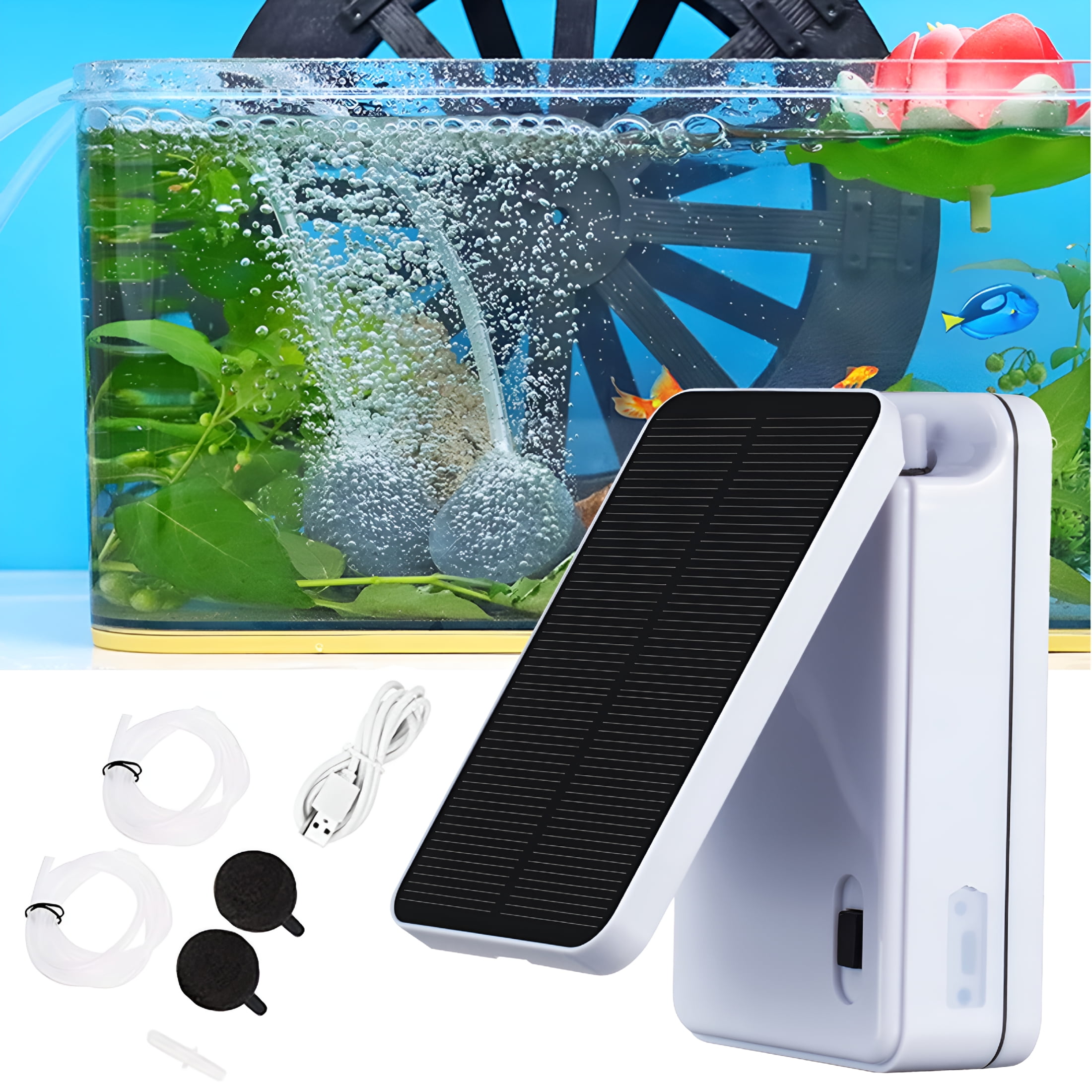 ACDANC Double-Power Solar/USB Oxygen Pump - Portable Aerator for Fish Tanks w/ 2 Air Stones, 2.5M Tube - 5V Charging & Solar Panel, Outdoor/Indoor Use