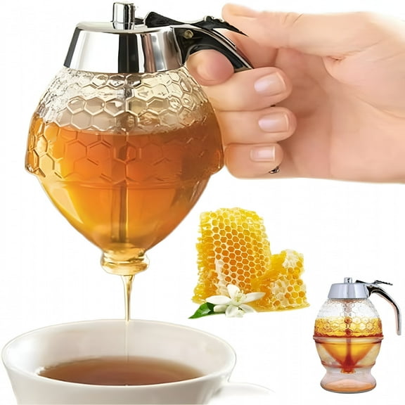 ACDANC No Drip Honey Dispenser Glass with Stand,8 oz Maple Syrup Dispenser,Honey Jar with Beautiful Honeycomb Design,Perfect Bee Decoration for Home Kitchen