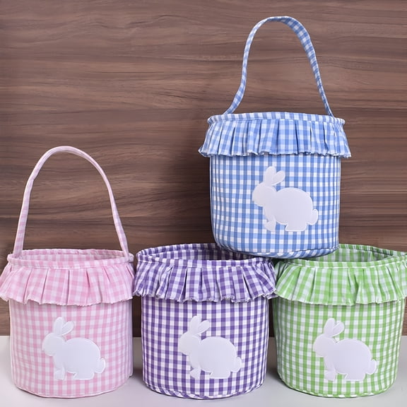 ACDANC Easter Basket with Bunny Applique,9 Inches,Personalized Bunny Design,Easter Basket with Gingham Pattern,Foldable Handle,Easter Egg Hunting Bucket Pattern,Foldable Handle