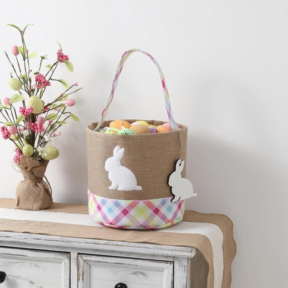 ACDANC Easter Basket Bunny Basket with Diy Blank Wooden Bunny Tag for Kids, Boys, Girls, Easter Egg Hunt, Candy Gift Storage (Pink) Easter Basket with Handle