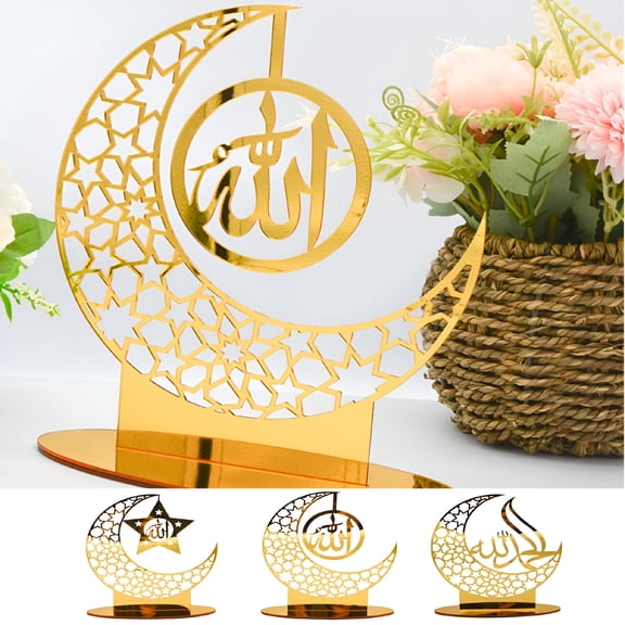 ACDANC Eid Mubarak Desktop Decoration,Gold Moon Eid Mubarak Desktop Ornament Ramadan Decoration,Acrylic Eid Mubarak Stand Sign Mubarak Table Home Decor for Muslim Islam
