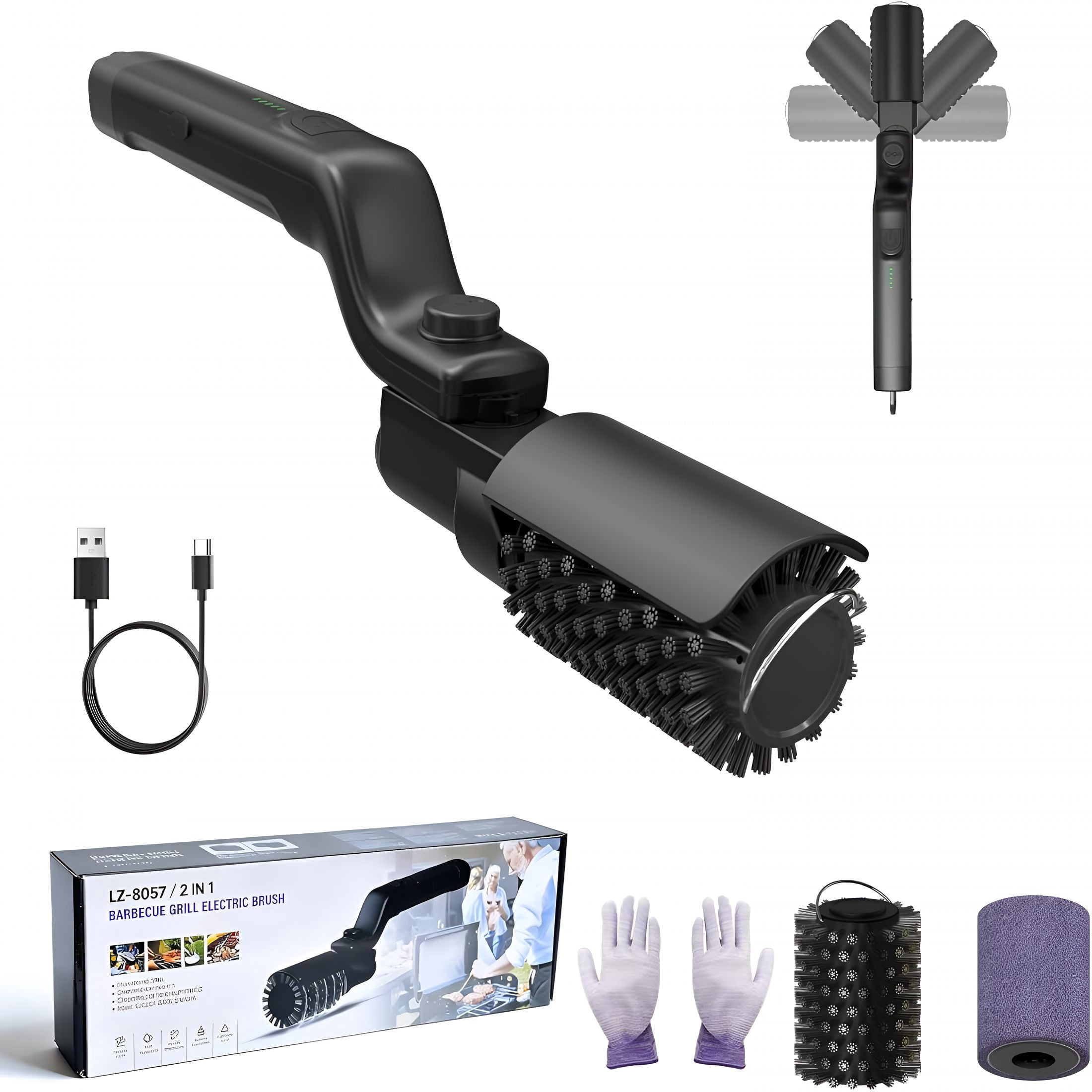 ACDANC Electric Grill Cleaning Brush,Rechargeable 3-Speed Powerful Grill Brush,Waterproof Design,180° Adjustable Stainless Steel Replaceable Brush Head,Specially Designed