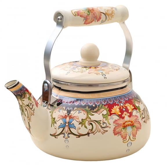 ACDANC Enamelled kettle,2.5 L whistling kettle with enamelled handle,antique flower coffee pot tea kettle,for tea and coffee at home and office water kettle stovetop