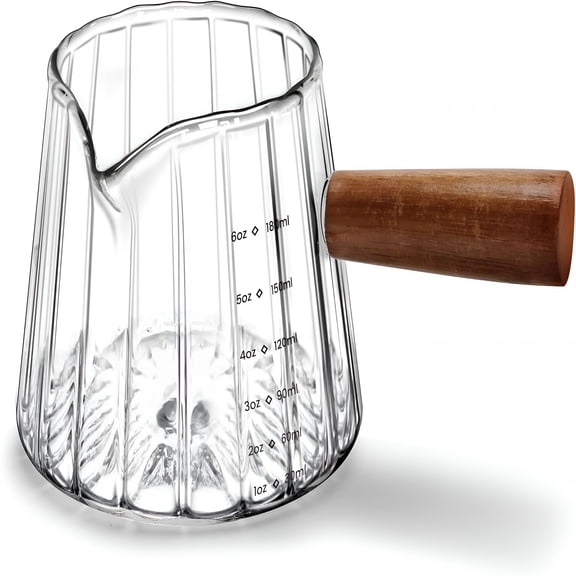 ACDANC Espresso Measuring Cup 6 Oz,Glass Cups with Wood Handle,Milk Frothing Cup,Cup for Coffee,Milk,Tea Or Maple Syrup Serving