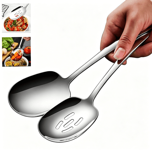 ACDANC Extra Large Serving Spoons Set,18/8 Stainless Steel Slotted Spoon and Serving Spoon,9.8" Buffet Spoons Set,Tabletop Flatware Utensil (2Pack)