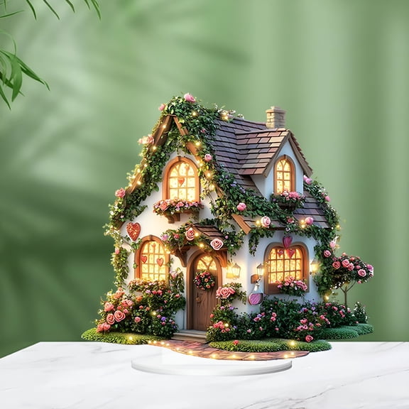 ACDANC Fairy Garden Sculpture,Solar Tree Trunk Fairy House Garden Statue,Outdoor Lawn and Yard Decoration,Romantic Heart House Rose Shape Table Ornaments