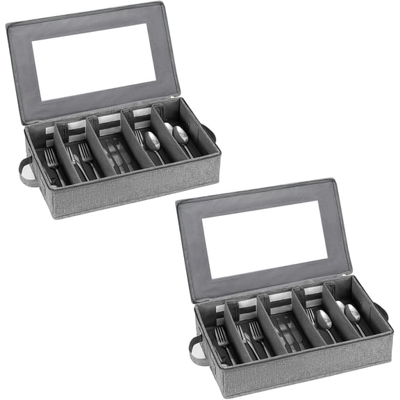 ACDANC Flatware Storage Box 2 Pack,Silverware Storage Box Case Chest with Adjustable Dividers,Silverware Holder with Zipper Lid for Organizing Cutlery,Utensil,Flatware,Knives,Large Capacity Gray