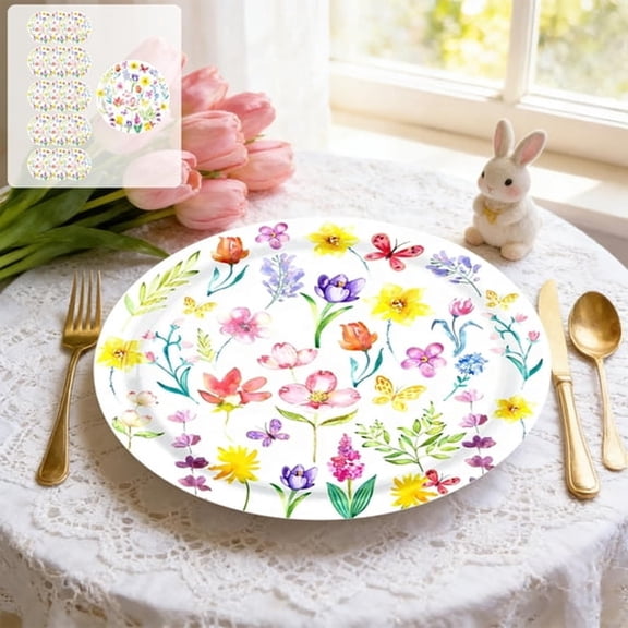 ACDANC Floral Party Tableware Disposable,Disposable Spring Tulips Floral Dessert Plates 7-Inch 9-Inch Paper Plates,for Spring Summer Picnic Wedding Baby Shower Birthday Tea Party Decorations