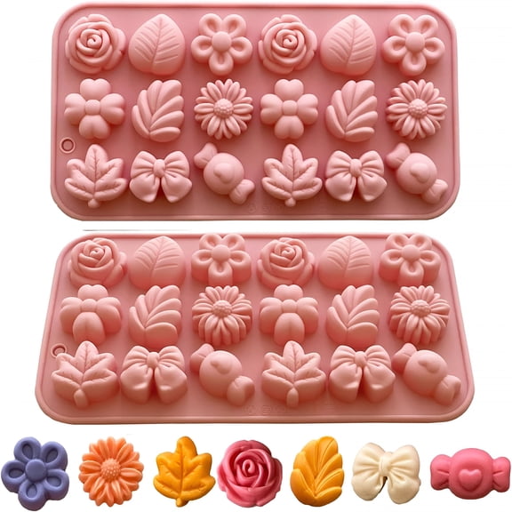 ACDANC Flower Molds Silicone 2Pcs Daisy Flower Chocolate Molds Tulip Flower Mold Bow Tie Leaf Jello Molds Ice Mold Pudding Molds Soap Molds Cookie Molds for Desserts Making