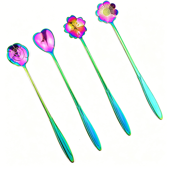 ACDANC Flower Spoon Set of 4, 7 Inches Stainless Steel Reusable Cute Tea Spoon for Drink Mixing Milkshake Jam (Rainbow)