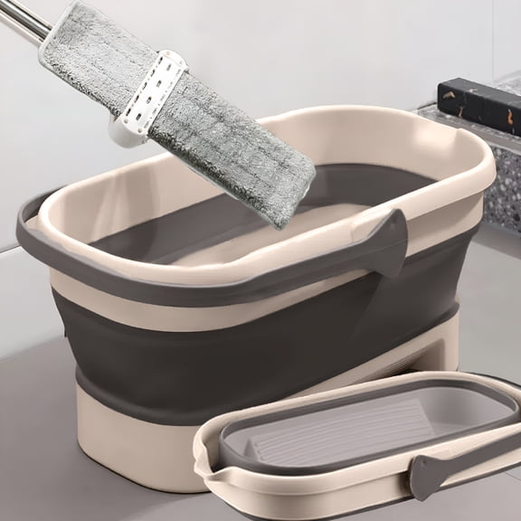 ACDANC Foldable Mop Bucket Set with Duty Scrub Mop and Broom, Outdoor Mop and Bucket with Wringer Set for Home, Collapsible Indoor & Outdoor Mop for Patio, Deck, Concrete Floor Cleaning Beige