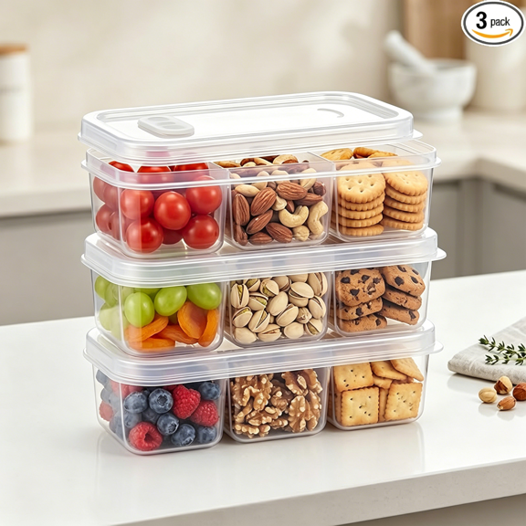 ACDANC Food Storage Containers 3 Pack Set with 3 Compartments, Travel Snack Boxes with Lid, Lunch Food Bento Plastic Case, Airtight Meal Prep Containers for Home Officce Picnic