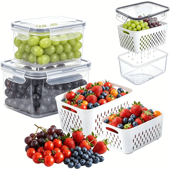 ACDANC Fruit Storage Containers for Fridge,Grape Containers with Built-In Drain Basket,2-Pack No-Leak Design,Saves Space,Durable and Easy to Clean,Easy Grab Handle,Keeps Grapes and Berries Fresh