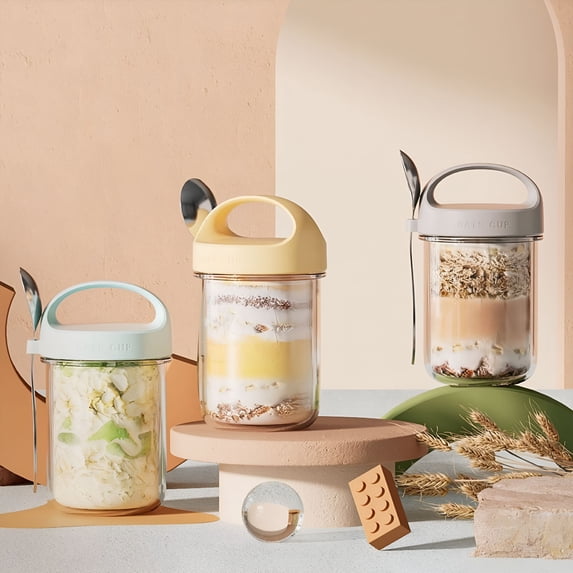 ACDANC Glass&Bottle Overnight Oats Containers With Lids And Spoons Portable Oatmeal Jar With Handle Compact And Easy To Carry Breakfast Cups