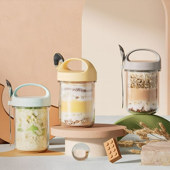 ACDANC Glass&Bottle Overnight Oats Containers With Lids And Spoons Portable Oatmeal Jar With Handle Compact And Easy To Carry Breakfast Cups