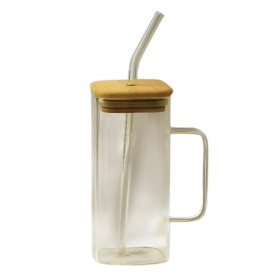 ACDANC Glass Drinking Cup 40 oz Square Glass Tumbler with Handle Clear Coffee Cups with Lids and Straws Portable Water Bottles Milk Jar Can Hold Various Beverages