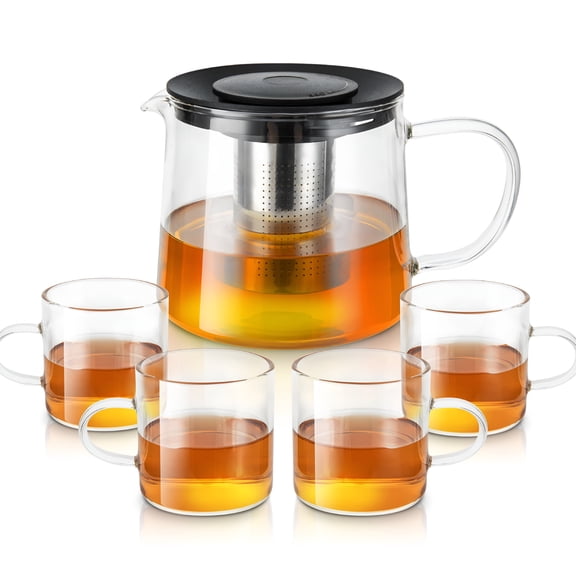 ACDANC Glass Teapot 34oz/1000ml with 4 Pack Tea Cups Gift Set,Removable Stainless Steel Infuser Teapot,Heatproof Borosilicate Glass Tea Maker,Stovetop Glass Tea Kettle for Loose and Blooming Leaf Tea