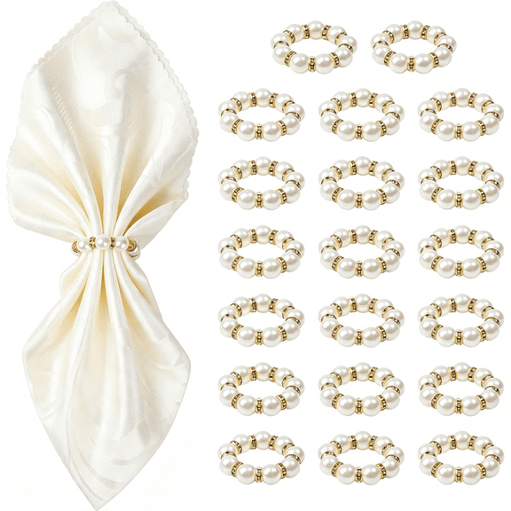 ACDANC Gold Napkin Rings 20Pcs,Imitation Pearl Napkin Rings Napkin Holder,Elegant Rhinestone Gold Beaded Serviette S for Weddings,Party Supplies & Fancy Table Decor (White and Gold,20Pcs)
