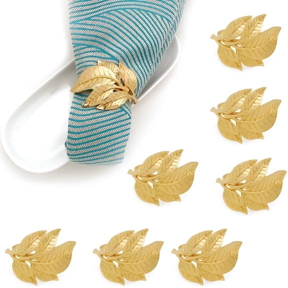 ACDANC Gold Napkin Rings Set of 8,Fall Leaf Metal Napkin Ring Holder for Dinner Table Decor,Vintage Wedding Party Favor