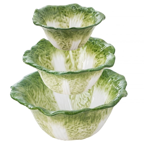 ACDANC Green Cabbage Serving Bowl Set of 3 for Kitchen-Extra Large 60Oz,16Oz,5Oz Nesting Mixing Bowls,Porcelain Dishes for Salad,Entertaining,Fruit,Vintage,Ceramic Soup Tureen