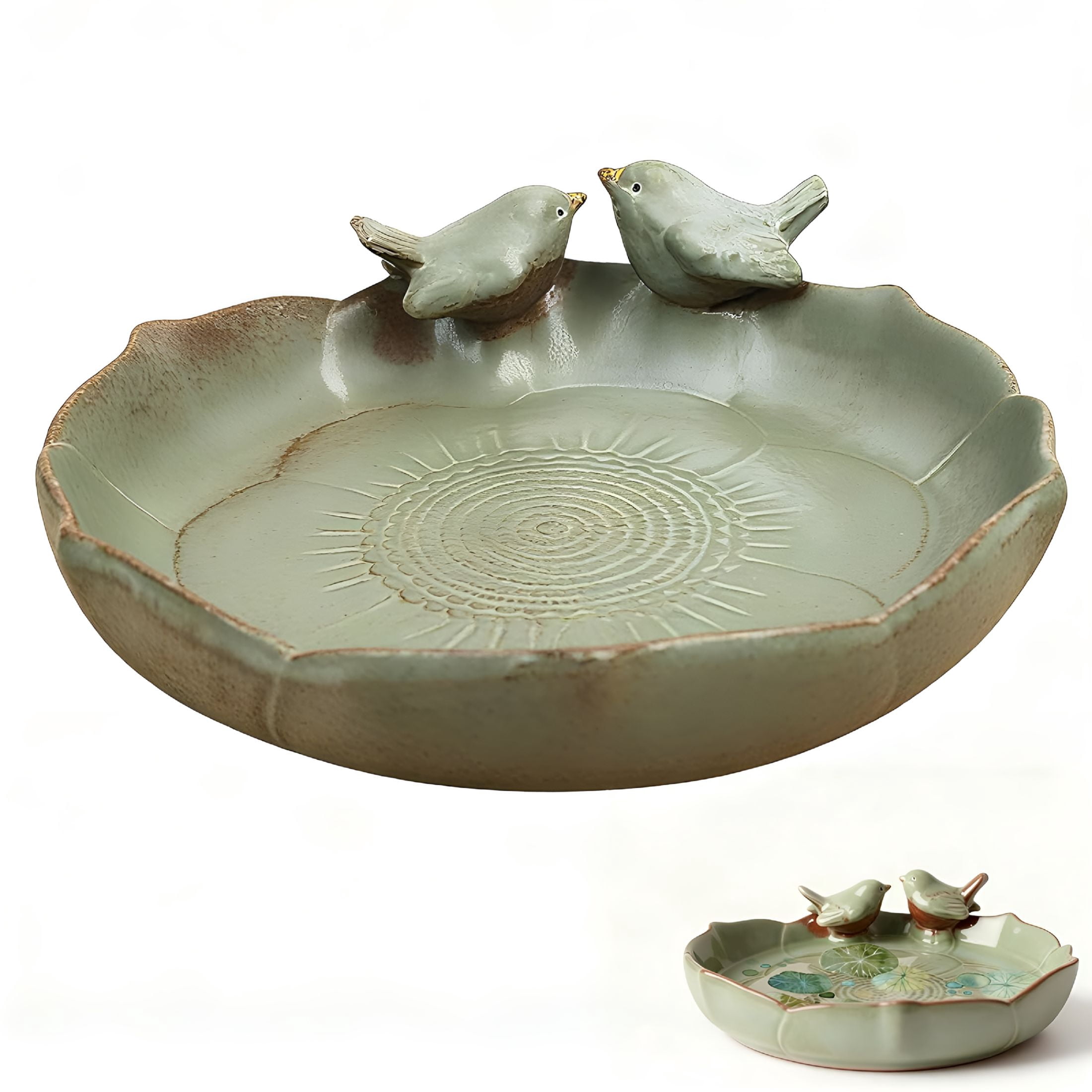 ACDANC Green Ceramic Bird Bath Bowl-9.45-Inch Ceramic Bird Baths for Outdoors,Durable Ground Bird Bath Bowl Ideal for Garden,Tabletop,Deck,Balcony&Lawn Use