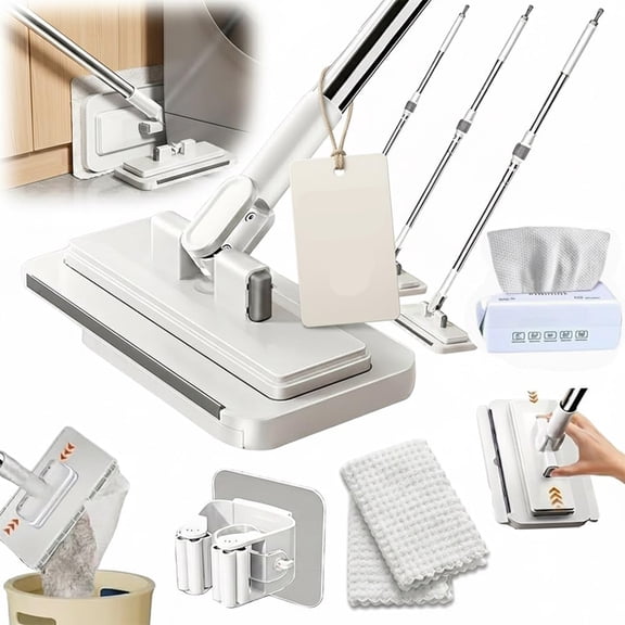 ACDANC H&S Free Multi Purpose Flat Mop One Click Snap Grip Easy Tap Disposable Multifunctional Lazy Clamp Dust Wall Bathroom Mop System Usany Cloth Attachment Changfor Floor37.4" Set