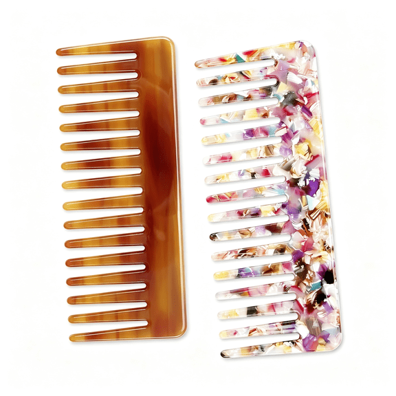 ACDANC Hair Detangling Comb, 2 Pack Large Cellulose Acetate Wide Tooth Comb for Wet and Dry, Women'S Thick Curly Wavy Hair Wide Tooth Comb for Curls (Flower, Coffee)