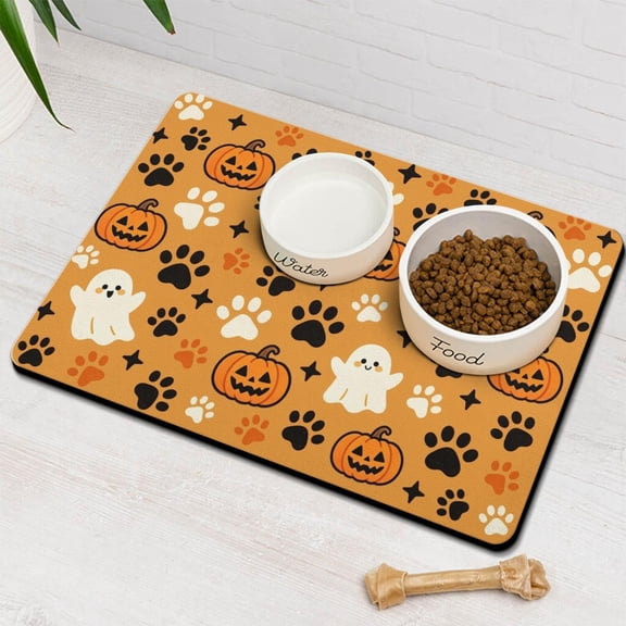ACDANC Halloween Dog Food&Water Mat,Orange Pumpkin Ghost Paw Prints Pet Feeding Mat for Floor Non-Slip Waterproof,Super Absorbent Cat Bowl Mat,Easy to Clean Pet Placemat,12" 20"