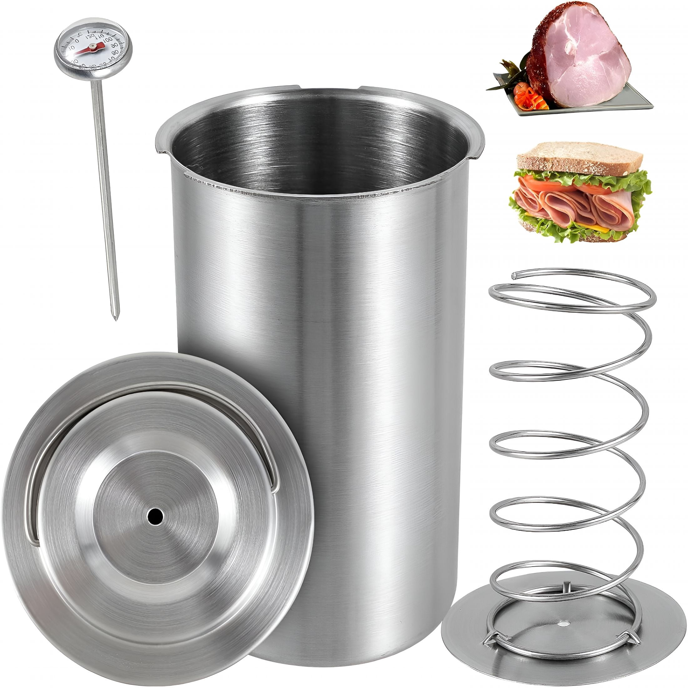 ACDANC Ham Maker Stainless Steel Meat Press Cooker Large Capacity Ham Press Maker Round Shape Deli Meat Press Mold Homemade Deli Meat Ham Press Cooker with Thermometer for Meat Pork Poultry