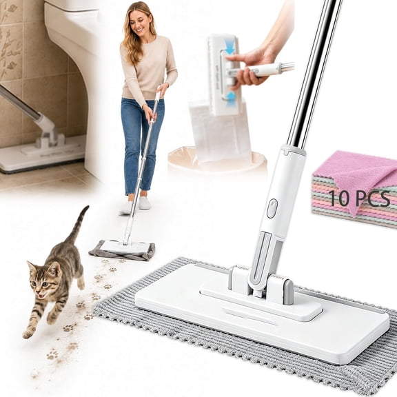 ACDANC Hands Free Flat Mop48.4 '' Snap Grip Mop with 1 Reusable Clothszero Touch Dirty Cloth Releaseclick Tooth Mops to Use with Any Clothsdry and Wet Use for Whole House Cleaning