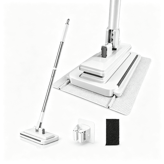 ACDANC Hands-Free Multi-Purpose Flat Mop Tooth Triple Grip Built-In Rubber Squeegee for Window One Button Automatic Release Flat Mop Washable Reusable Microfiber Cloth,1049 in