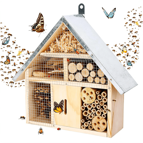 ACDANC Hanging Bee House Wooden Insect House,Natural Habitat for Beneficial Bees,Bugs,Butterflys,Ladybirds Insect Hotels Garden Yard Home Wooden Bee House