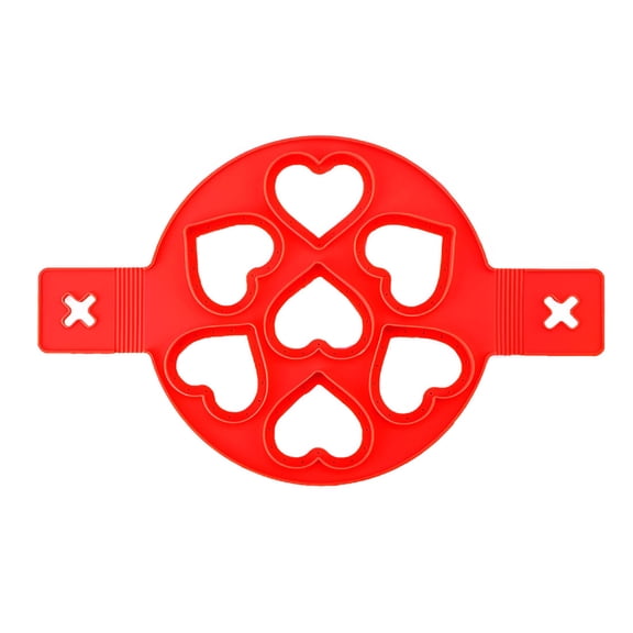 ACDANC Heart Shape Silicone Pancake Maker, 7-Hole Nonstick Egg Ring Mold with Flip Handle, Reusable Kitchen Baking Tool for Breakfast, Red/Purple