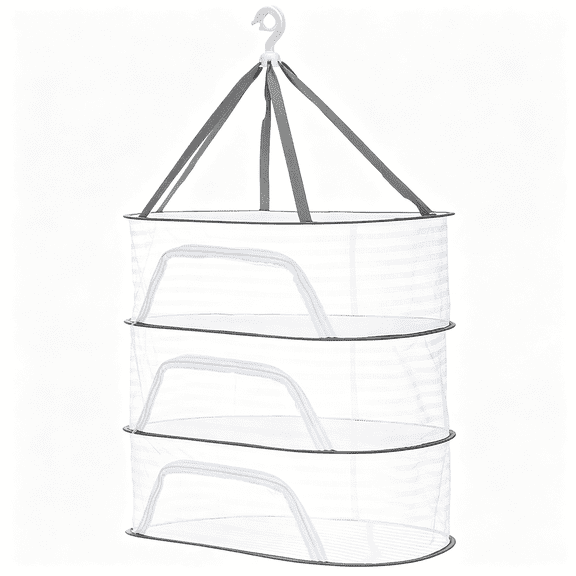 ACDANC Herb Drying Rack, 24" 3-Layer Hanging Mesh Net Foldable Collapsible Drying Rack with Zipper for Herbs Flowers Vegetables Fish Clothes Grow Tents Outdoor Garden Home Use, White