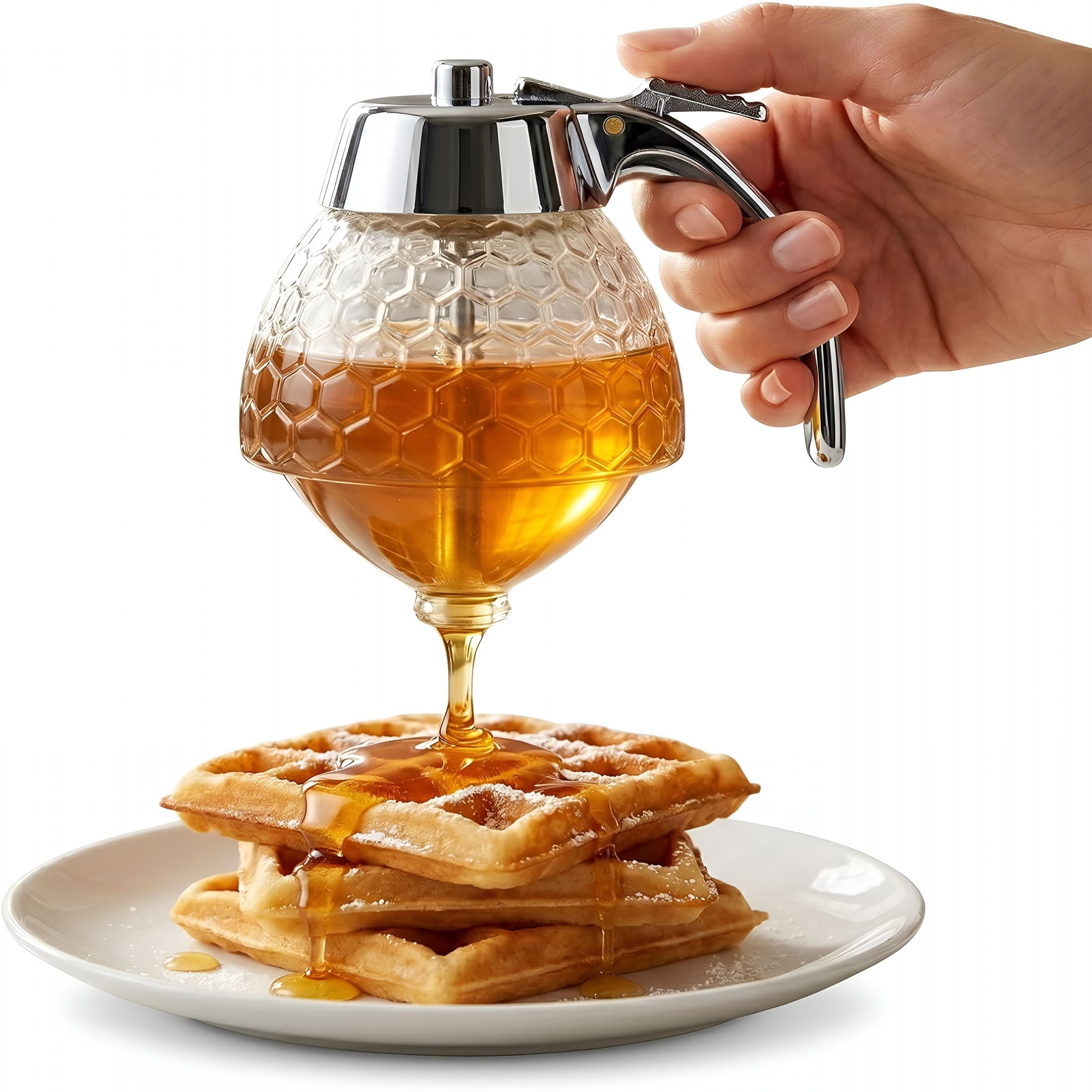 ACDANC Honey Dispenser No Drip,8 Oz Glass Honey Jar with Stand,Leak-Proof Syrup Dispenser for Honey,Maple Syrup and Coffee Syrup,Clear Honeycomb Honey Pot for Coffee Bar & Breakfast Table