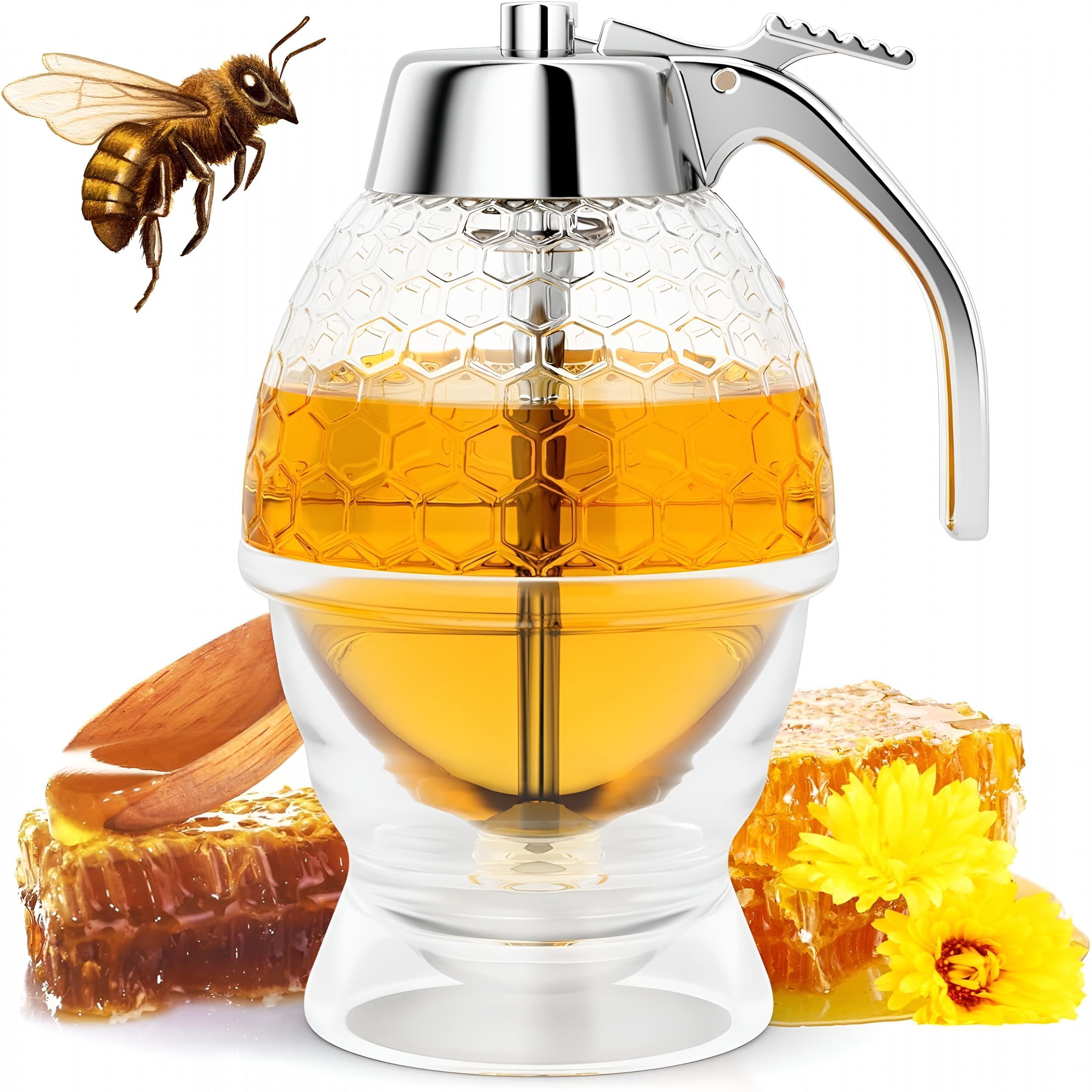 ACDANC Honey Dispenser No Drip Glass 8 Oz with Plastic Top,Honeycomb Shaped Honey Jar with Stand - 6" Clear Container,Honey Pot,Maple Syrup Dispenser,Bee Decoration
