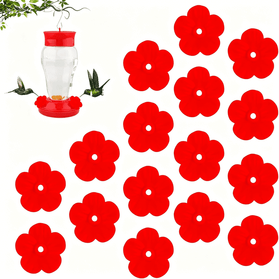ACDANC Hummingbird Feeder Replacement Parts - 16 PCS Red Flowers, Bee Guards for Perky Pet Glass Plastic Feeder Base