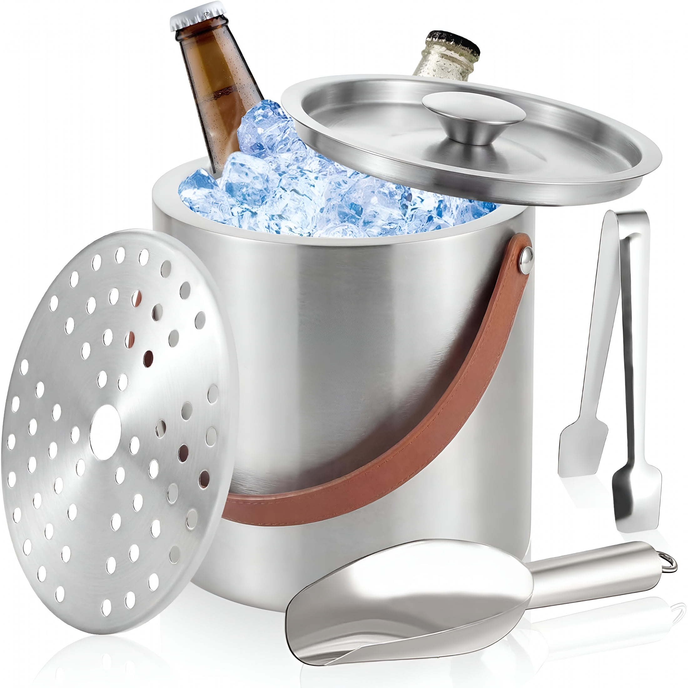 ACDANC Ice Bucket with Lid,Scoop,Tong,Strainer and Leather Handle,3L ...