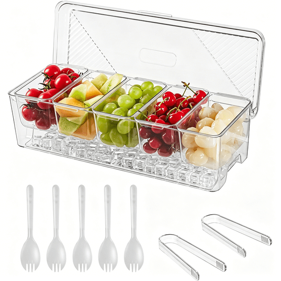 ACDANC Ice Chilled Condiment Caddy,Stackable Chilled Condiment Containers,Serving Platters with Lid and 5 Removable Compartments,Set of 5 Serving Spoons & 2 Clips (1Pack)