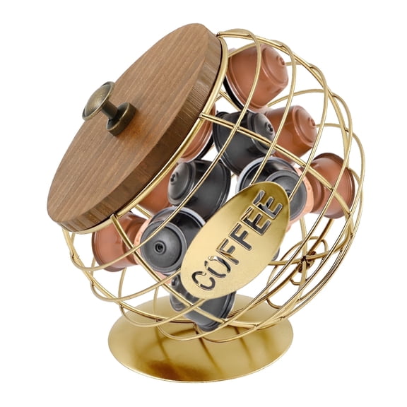 ACDANC Iron Coffee Pod Holder with Wood Lid Large Capacity Coffee Pod Storage Basket Innovative Spherical Shape for Kitchen Countertop