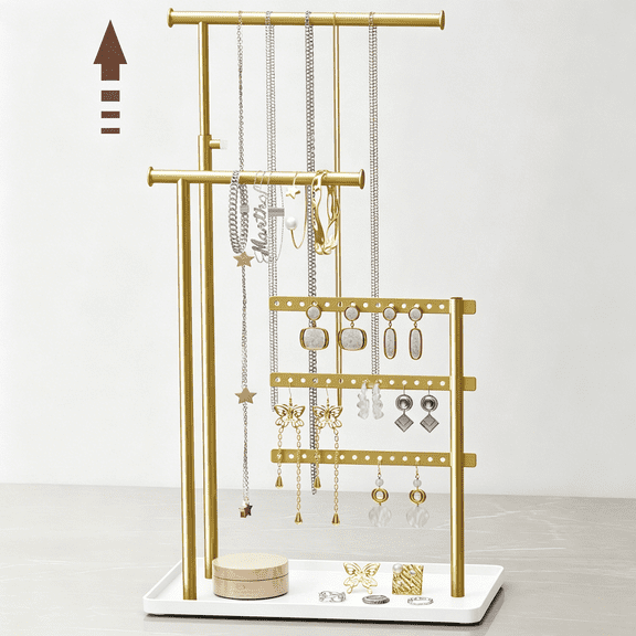 ACDANC Jewelry Holder Organizer Stand - Adjustable Tall 17.5" (Max), Sturdy Jewelry Hanger for Necklaces, Earrings, Bracelets, Rings, Jewlery Display and Storage, Gold