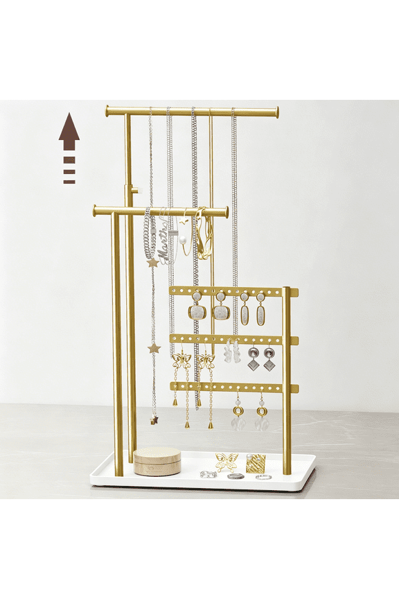 Jewelry Holder Organizer Stand - Adjustable Tall 17.5" (Max), Sturdy Jewelry Hanger for Necklaces, Earrings, Bracelets, Rings, Jewlery Display and Storage, Gold