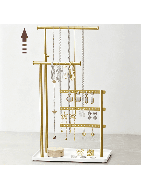 Jewelry Holder Organizer Stand - Adjustable Tall 17.5" (Max), Sturdy Jewelry Hanger for Necklaces, Earrings, Bracelets, Rings, Jewlery Display and Storage, Gold