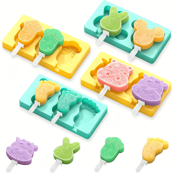 ACDANC Kids Cartoon Popsicle Molds - 4 Pack, 10-Cavity Food-Grade Silicone Ice Pop Cream Molds, with Reusable Sticks, Non-Stick Flat Design, Easy Release, Stackable for Space Saving