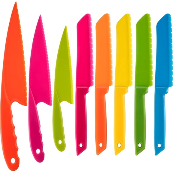 ACDANC Kids Plastic Kitchen Knife Set, 8 Pcs Safe Nylon Chef Knives for Children, BPA-Free Serrated Cutting Tools for Fruit, Bread, Salad, Cake, Educational Cooking Supplies for Toddlers