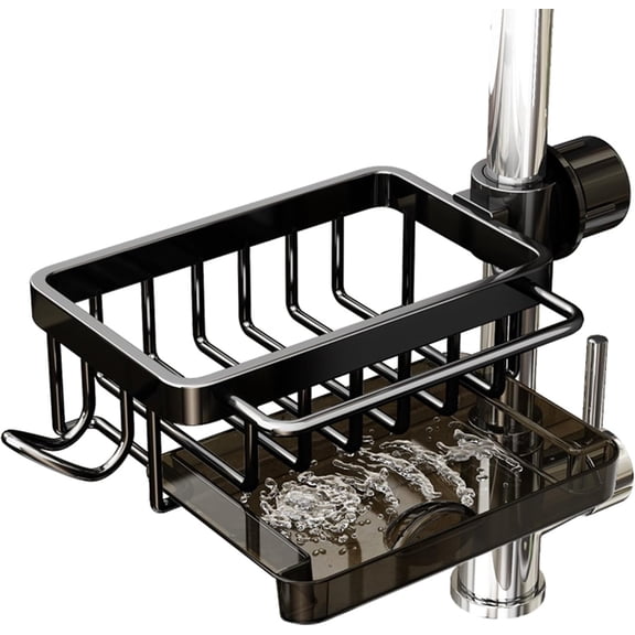 ACDANC Kitchen Sink Faucet Organizer,Sponge Holder Over Faucet Kitchen Sink Caddy Organizer,Multifunction Organizer Rack for Bathroom,Scrubbers,Soap,Work With 0.7-1.1" Round Water Pipe (Black,Left)