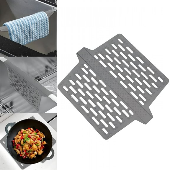 ACDANC Kitchen Sink Protector Mat, Heat Resistant Silicone Drainage Mat with Non-Slip Base and Quick-Dry Design, Countertop Saver Pad for Dishes Cookware and Utensils, Grey, 12.8 x 10.8 Inch