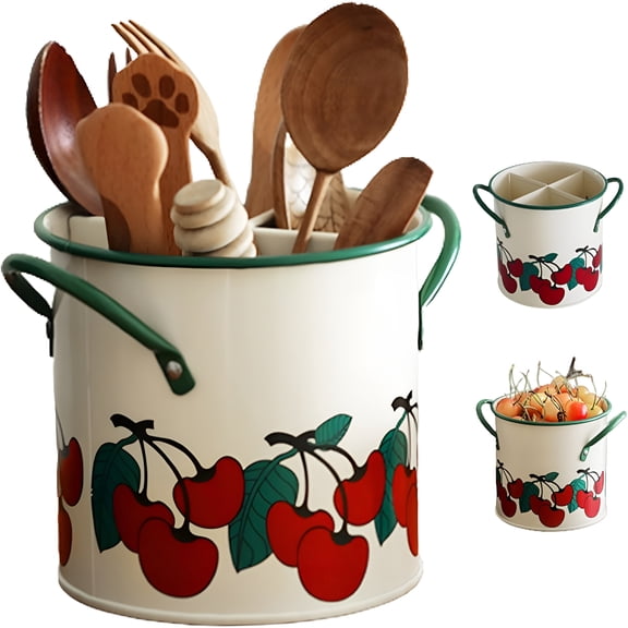 ACDANC Kitchen Utensil Holder Vintage Cherry Painted Utensil Caddy with Detachable Divider 4 Compartment Iron Utensil Organizer with Drain Hole for Kitchen Accessory for Kitchen