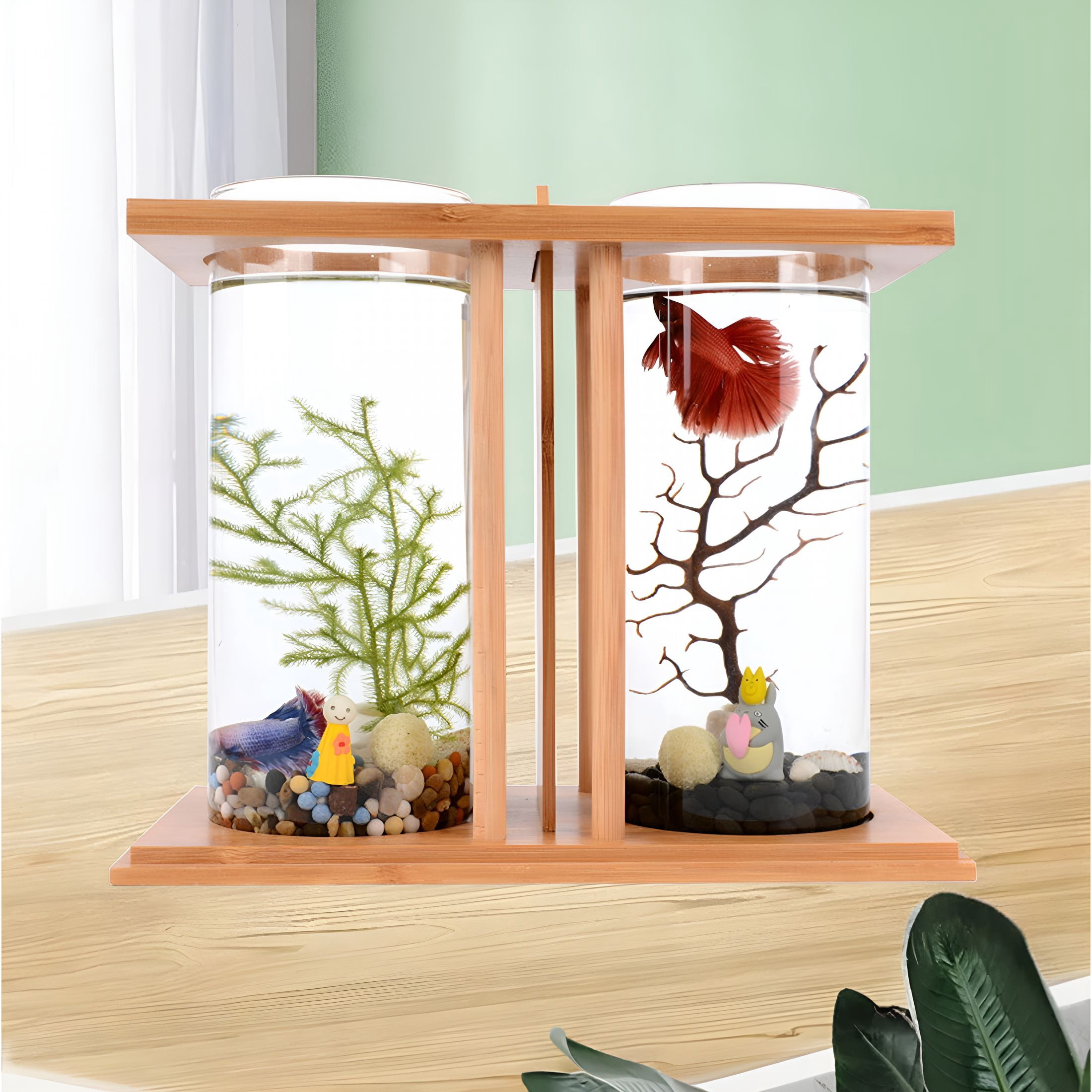 ACDANC LED White Desktop Mini Fish Tank Betta Fish Tank Tabletop Desktop Fish Tank Bamboo Glass Acrylic for Goldfish Betta Fish