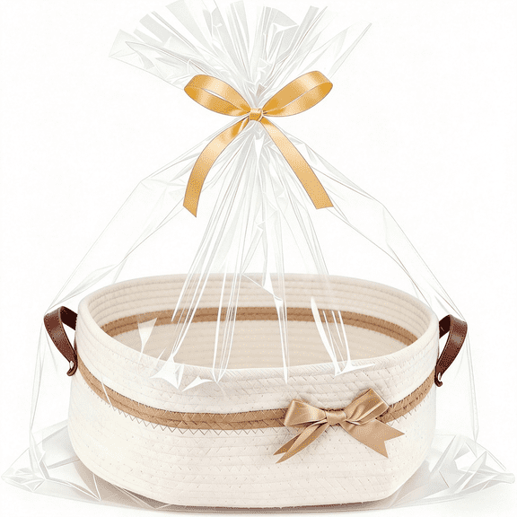 ACDANC Large Gift Baskets Empty with Handles, 14"X 10"X 5.5" Cotton Rope Storage Basket Storage for Gifts Clothes Baby Diaper Pet Toys Gift Basket Gift Baskets Empty (White)